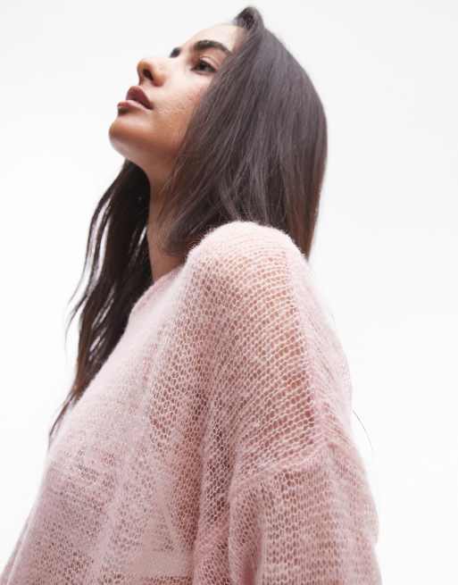 トップス knuthmarfembroidery sheer Uneck pullover Topshop knit sheer longline sweater in pink | ASOS