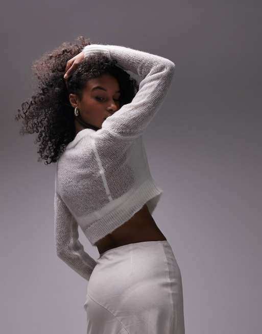 トップス Volume Sleeve Sheer Knit Cardigan See Through Top, Loose Knit Cardigan Women Wedding Cover Up