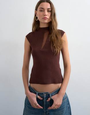Topshop Knit Sheer Mix Cap Sleeve Top In Brown