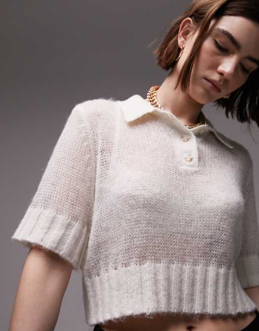 トップス SPONGY SHEER POLO KNIT TOPS Ivory Topshop knit sheer polo shirt in ivory | ASOS