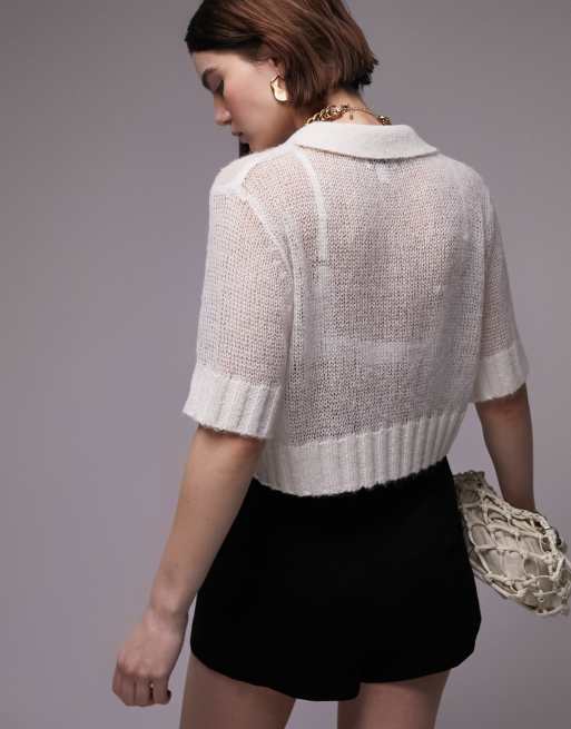 トップス SPONGY SHEER POLO KNIT TOPS Ivory Topshop knit sheer polo shirt in ivory | ASOS