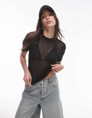 knit sheer T-shirt in black