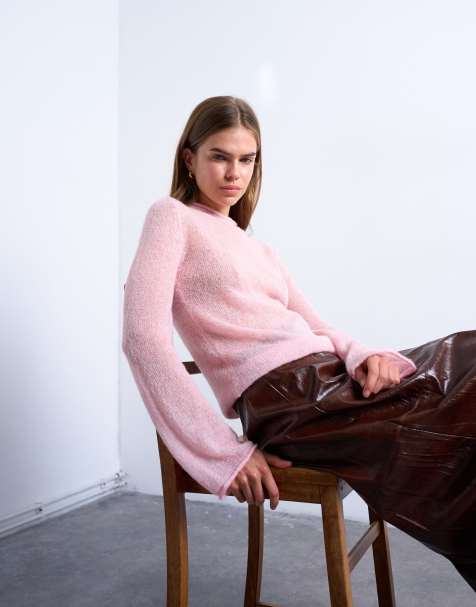 Topshop knit sheer turtle neck top in light pink - view 1