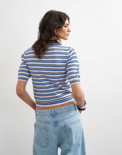 Topshop knit short sleeve fitted striped polo top in multi, 4 of 4