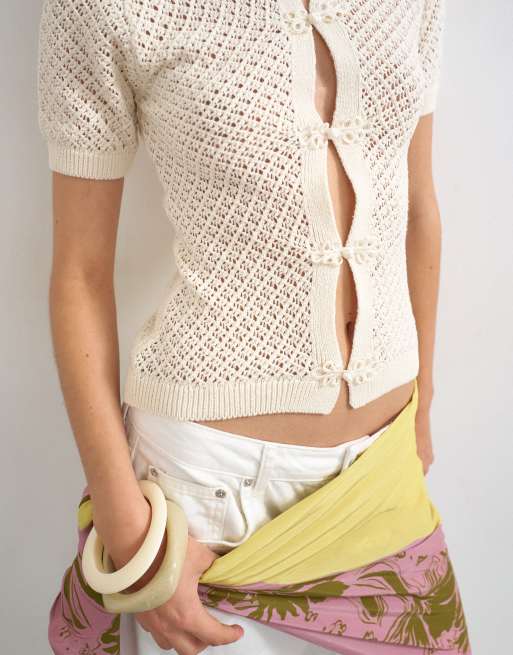 Topshop knit short sleeve mandarin collar cardigan in ivory, 3 of 4