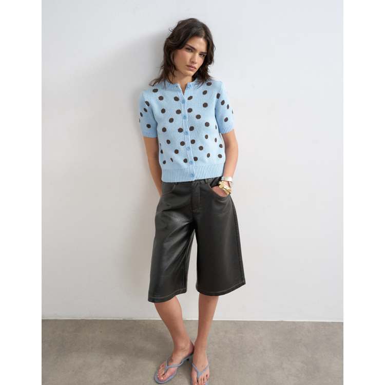 Topshop knit short sleeve polka dot cardigan in blue | ASOS
