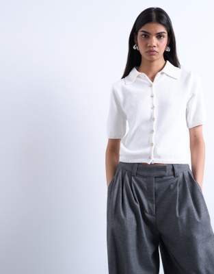 Topshop Knit Short Sleeve Polo Top In White