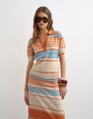 Topshop Knit Short Sleeve Striped Polo Top In Multi