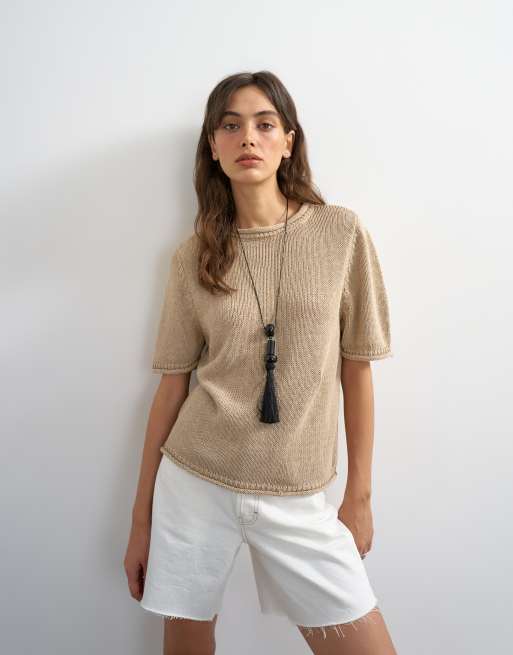 Topshop knit short sleeve top with roll hem trim in mink brown, 2 of 4