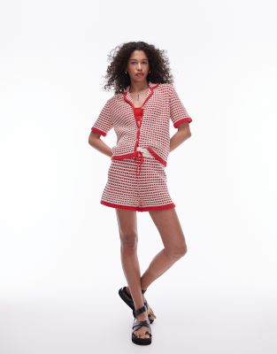 Topshop Chunky Sweater Knit Button-up Top In Red