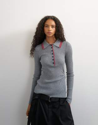 Topshop knit side twist polo top with wool in gray | ASOS