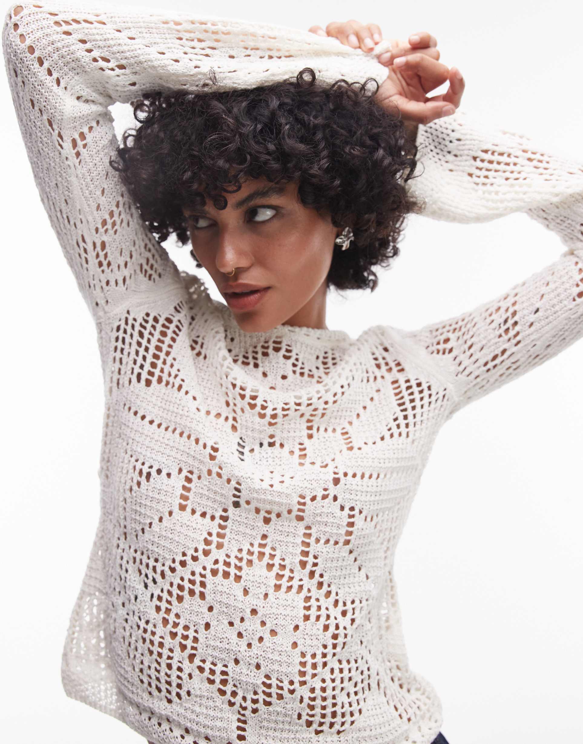 topshop knit slash neck lace long sleeve top in ivory