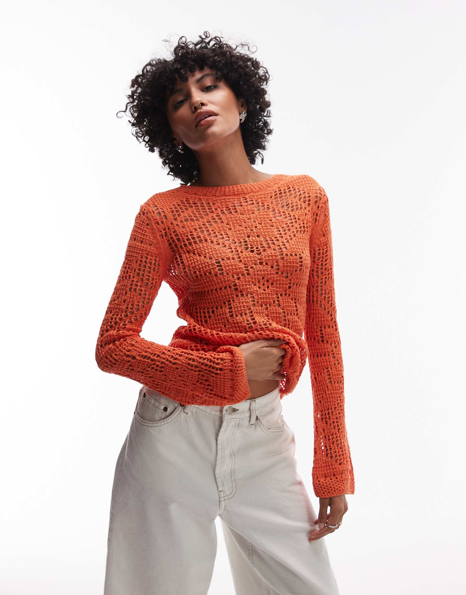 Вязаный кружевной топ с длинным рукавом и вырезом лодочкой от Topshop оранжевого цвета