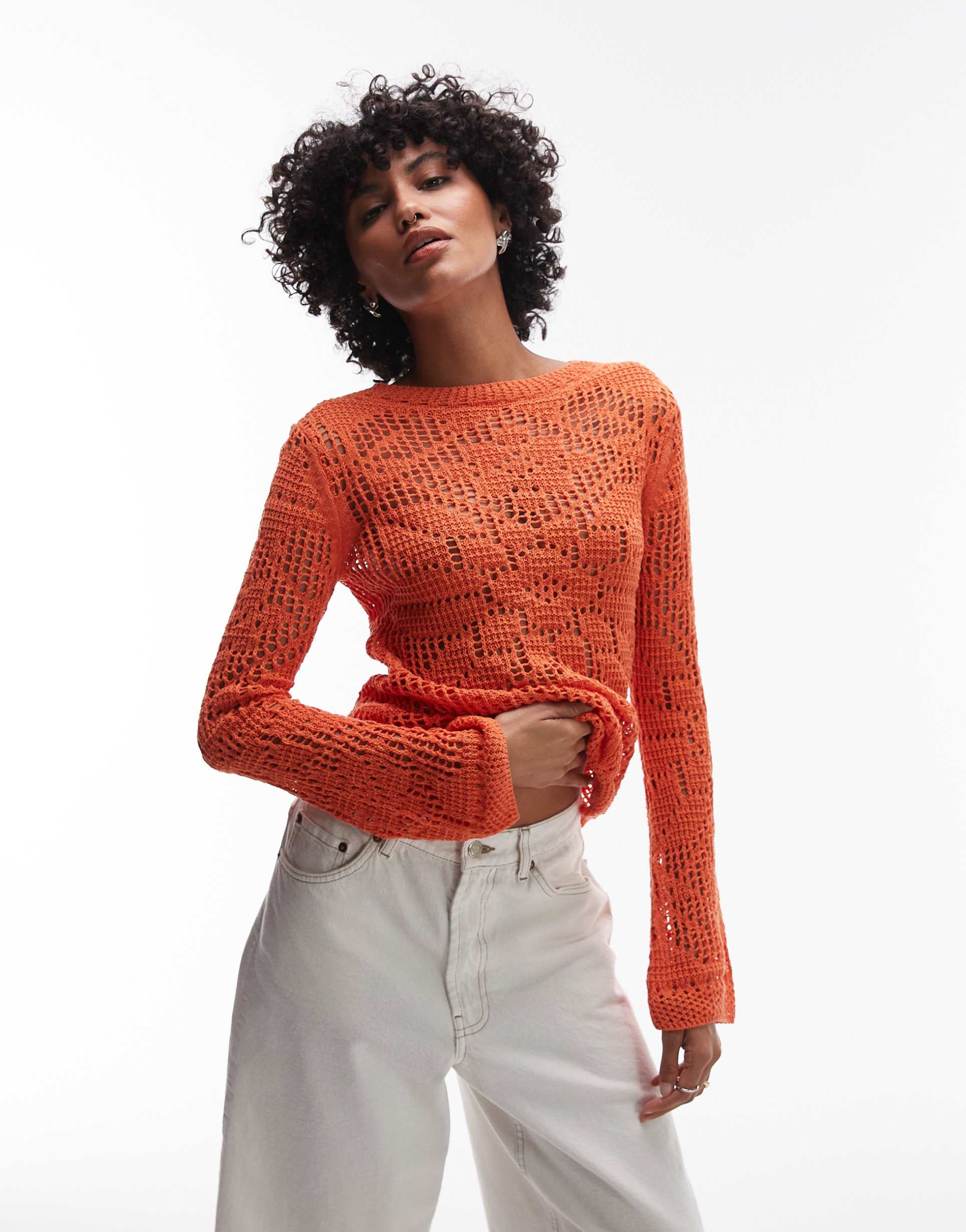 topshop knit slash neck lace long sleeve top in orange