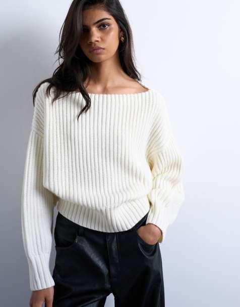 Topshop knit slash neck sweater in ivory - view 1