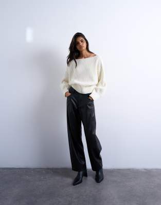 Topshop Knit Slash Neck Sweater In White