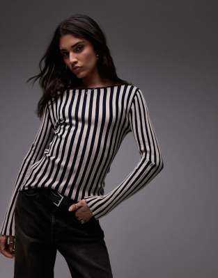 knit slash neck top in black and white stripes-Green