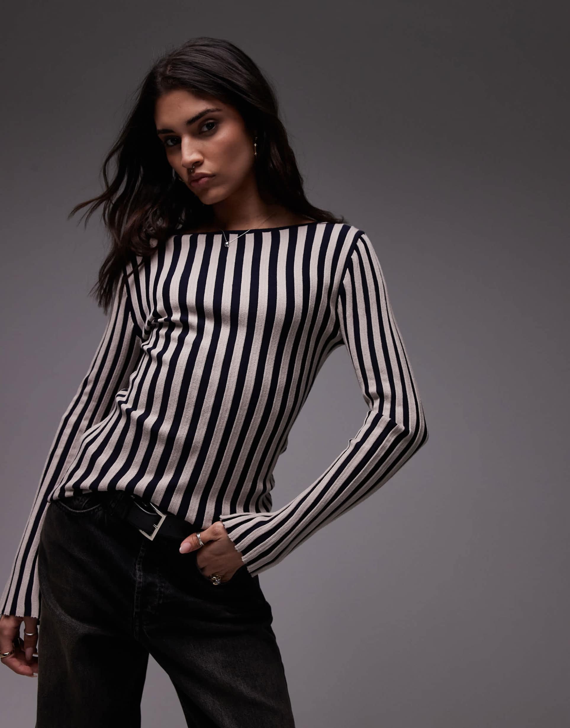 topshop knit slash neck top in black and white stripes