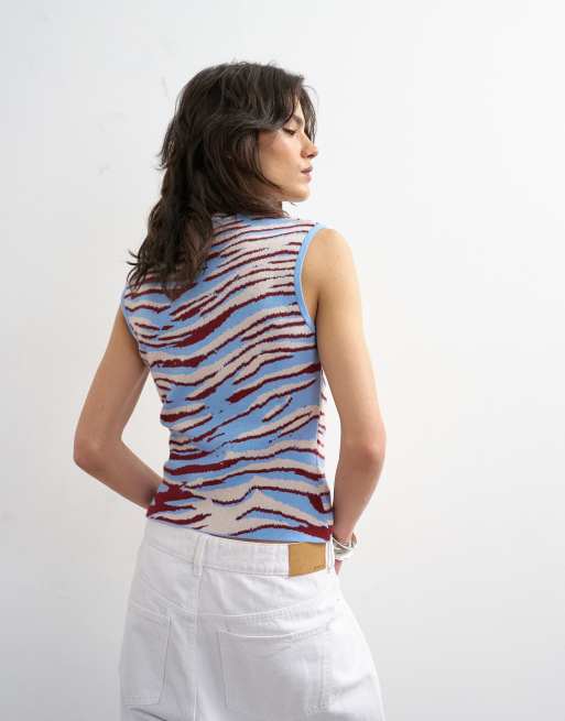 Topshop knit sleeveless key hole animal print tank top in blue multi, 4 of 4