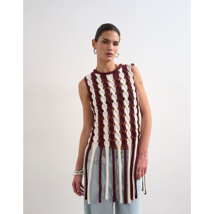 Topshop knit sleeveless longline knit top with tassel fringe hem