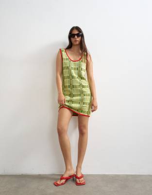 Topshop knit sleeveless plaid mini dress in green