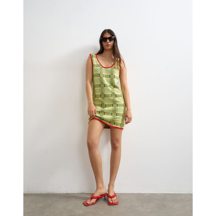 Topshop knit sleeveless plaid mini dress in green | ASOS
