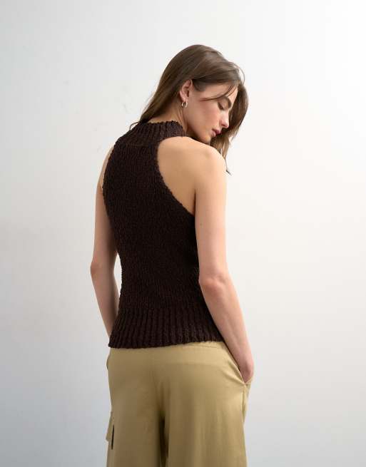 Topshop knit sleeveless textured grown on tank top in chocolate, 3 of 4