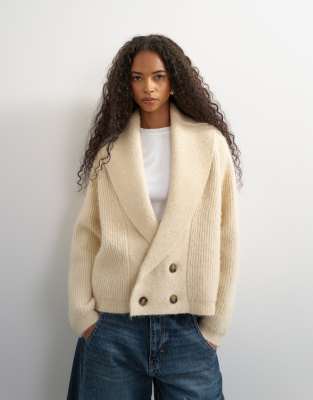 Topshop Knit Slouchy Button Front Shawl Collared Cardigan In Neutral