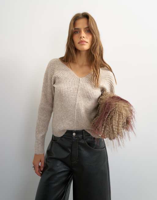 Topshop knit slouchy ribbed sweater in oat, 3 of 4