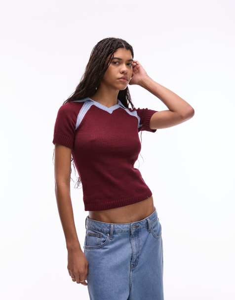 Topshop knit soccer polo in burgundy and blue - view 1