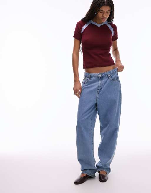 Topshop knit soccer polo in burgundy and blue