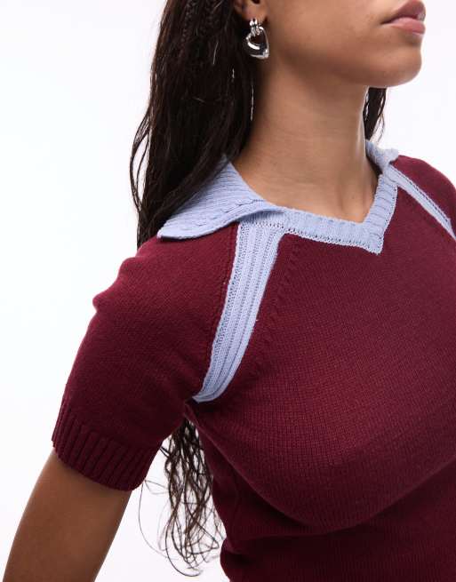 Topshop knit soccer polo in burgundy and blue