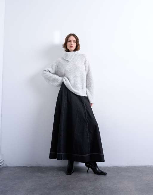 Topshop knit split funnel neck sweater in gray