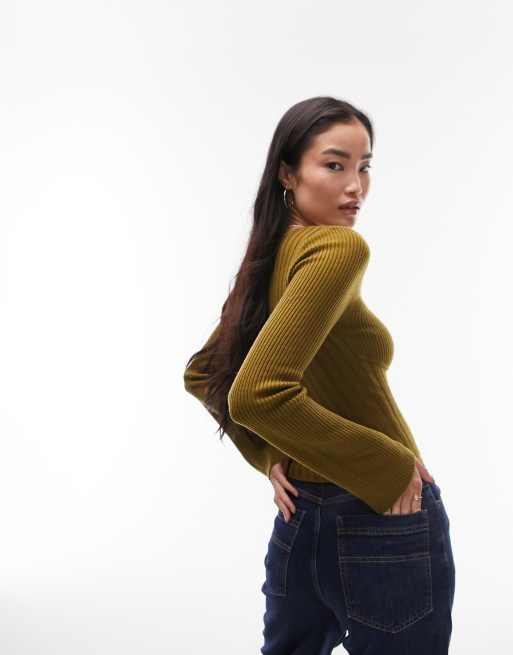 Topshop knit square neck long sleeve top in khaki | ASOS