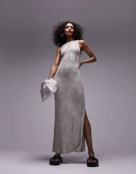 Topshop knit square neck midi dress in silver - view 1