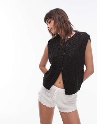 Topshop Knit Stitch Detail Tank In Black