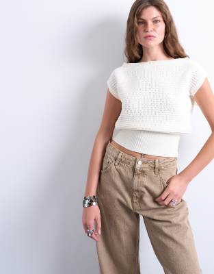 knit stitchy one shoulder top in cream-White