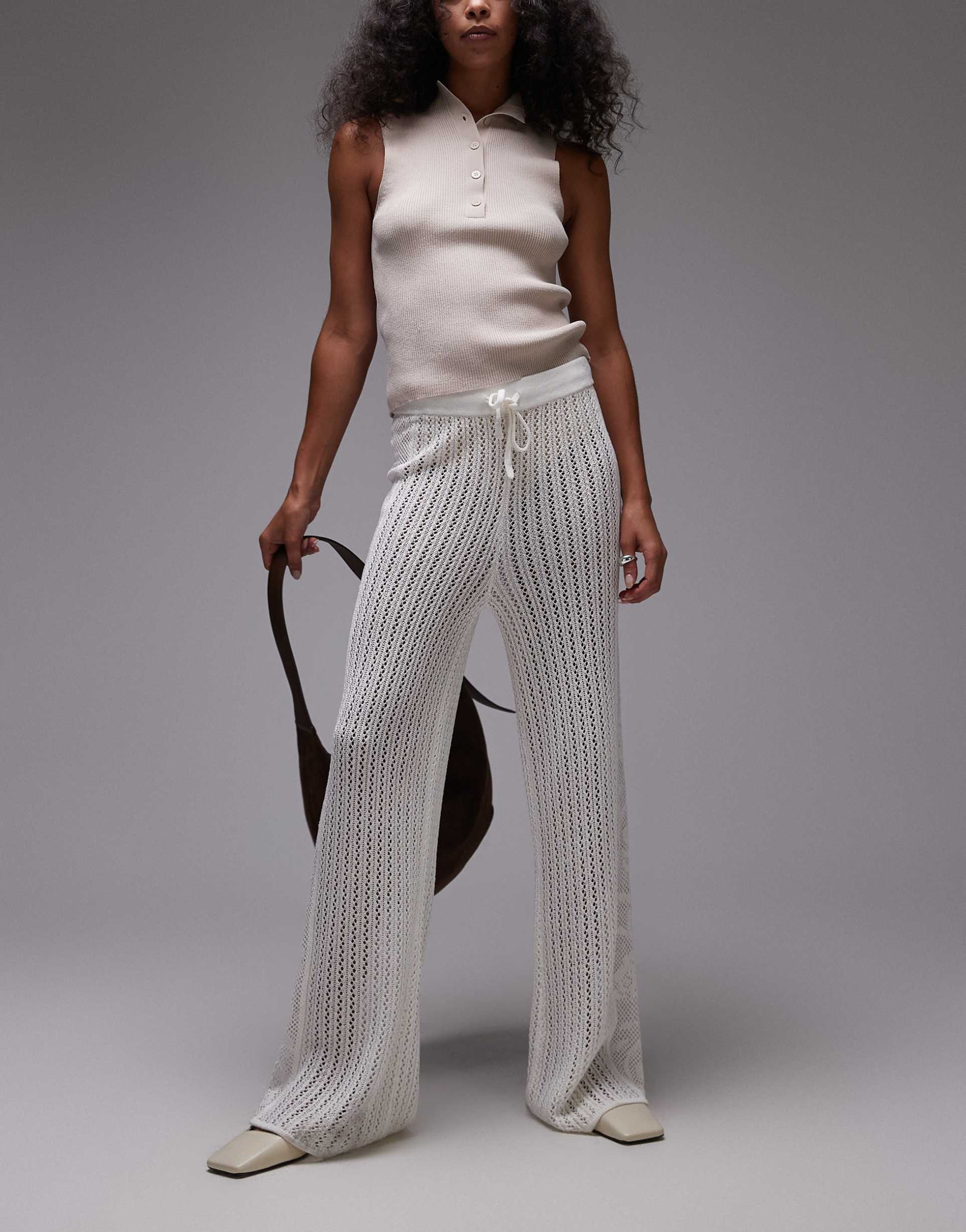 topshop knit stitchy pants with embroidered panel in cream