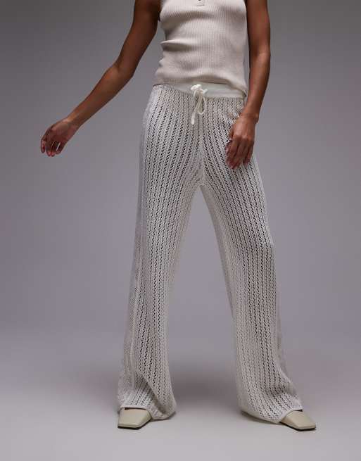 Topshop knit stitchy pants with embroidered panel in cream, 3 of 5