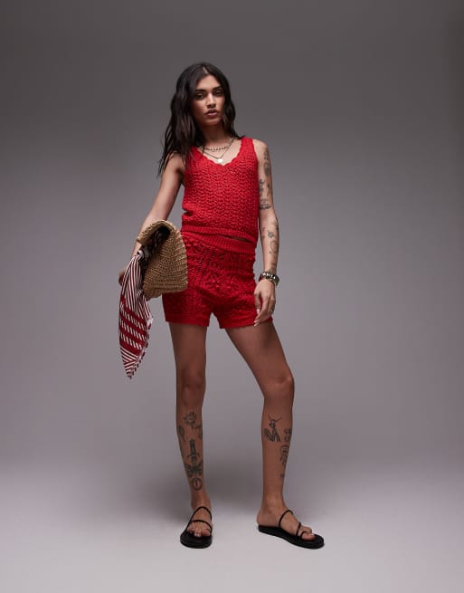 Topshop knit stitchy shorts in red - part of a set, 4 of 5