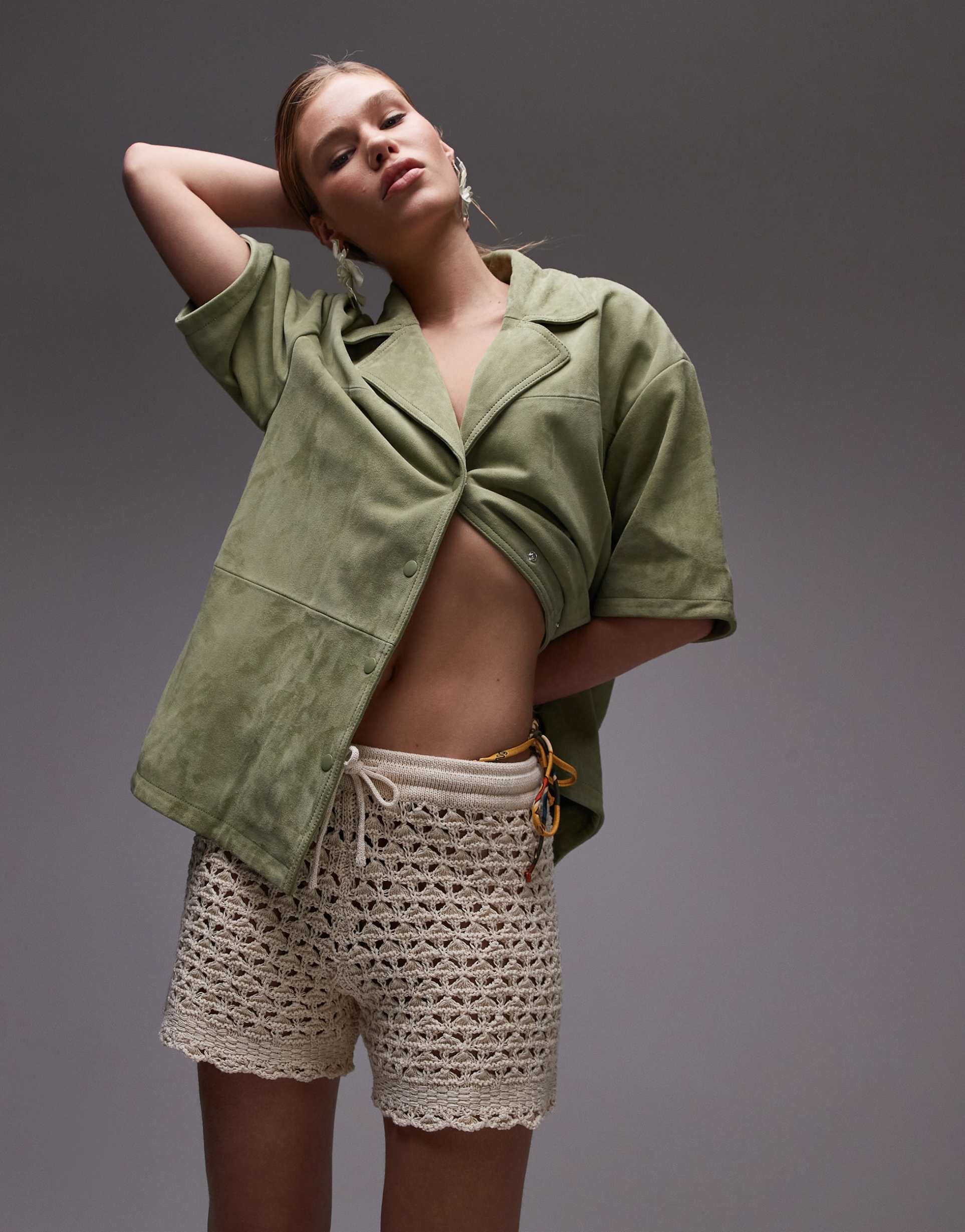 topshop knit stitchy shorts in stone