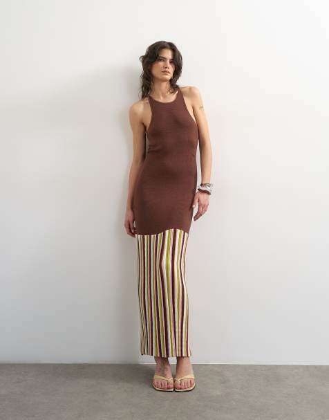 Topshop knit strap back full skirt maxi dress in chocolate - view 1
