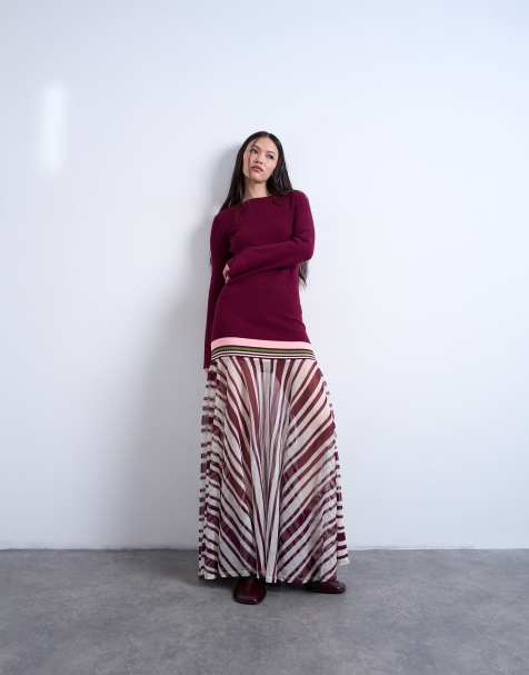 Topshop knit stripe full skirt long sleeve dress in burgundy - view 1