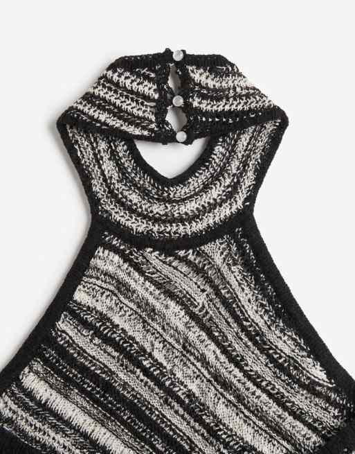 Topshop knit stripe halterneck longline fringed tunic in black and white, 8 of 8