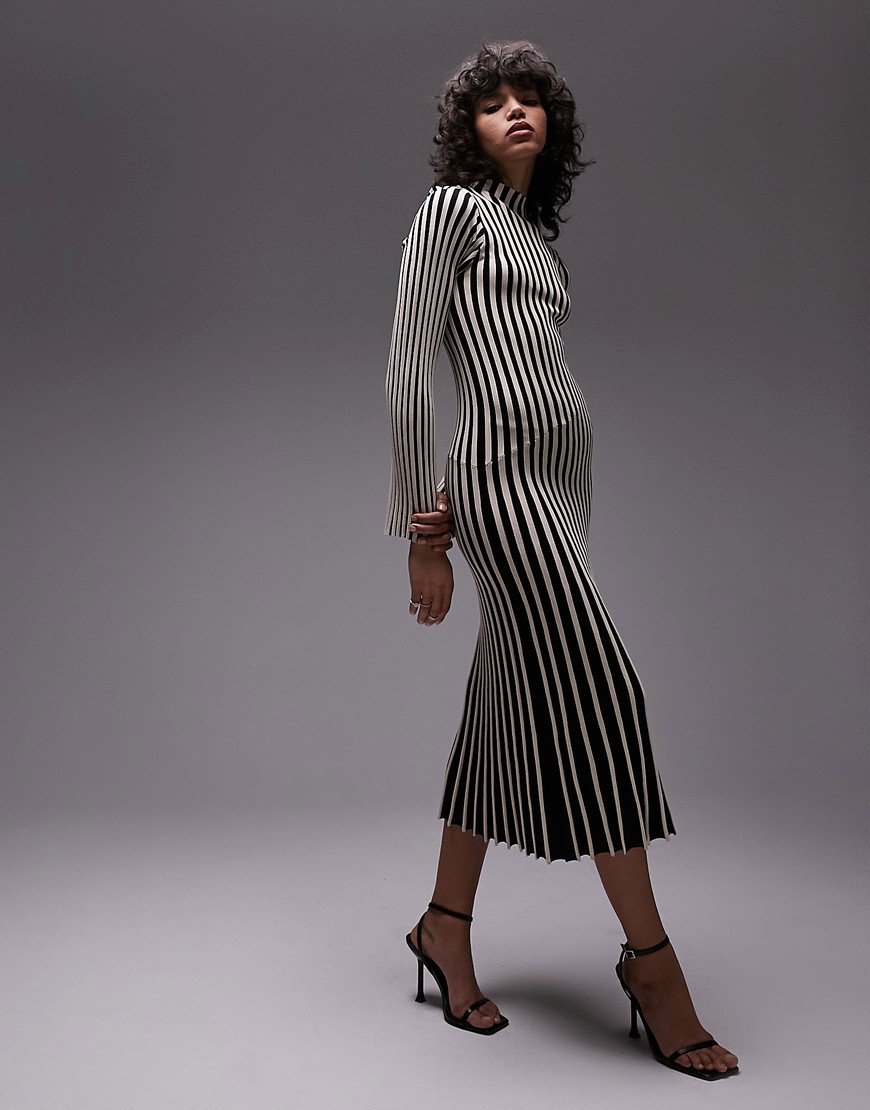 Topshop knit stripe long sleeve midi dress in monochrome-Multi
