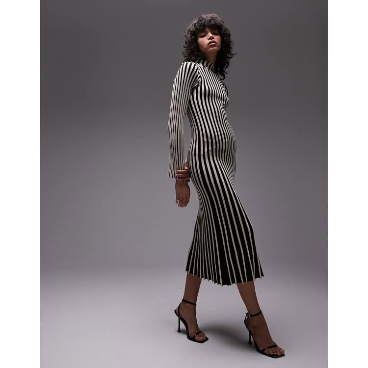 Topshop knit stripe long sleeve midi dress in monochrome