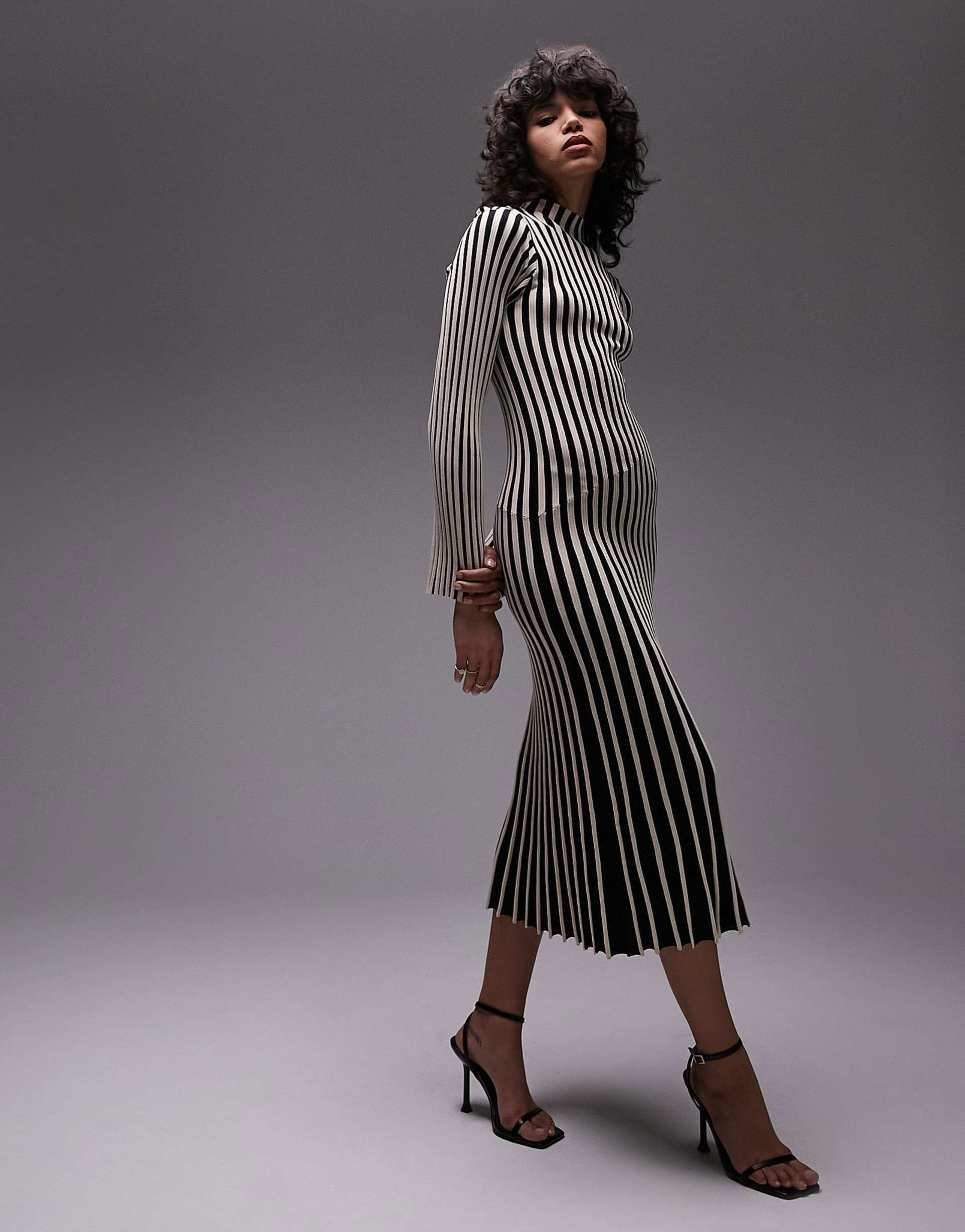 topshop knit stripe long sleeve midi dress in monochrome