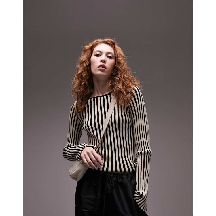 Topshop knit stripe long sleeve top in monochrome