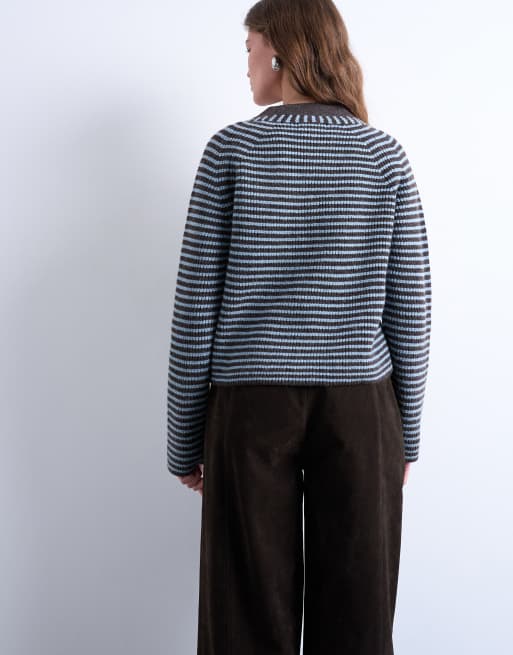 Topshop knit striped cardigan in blue, 4 of 4