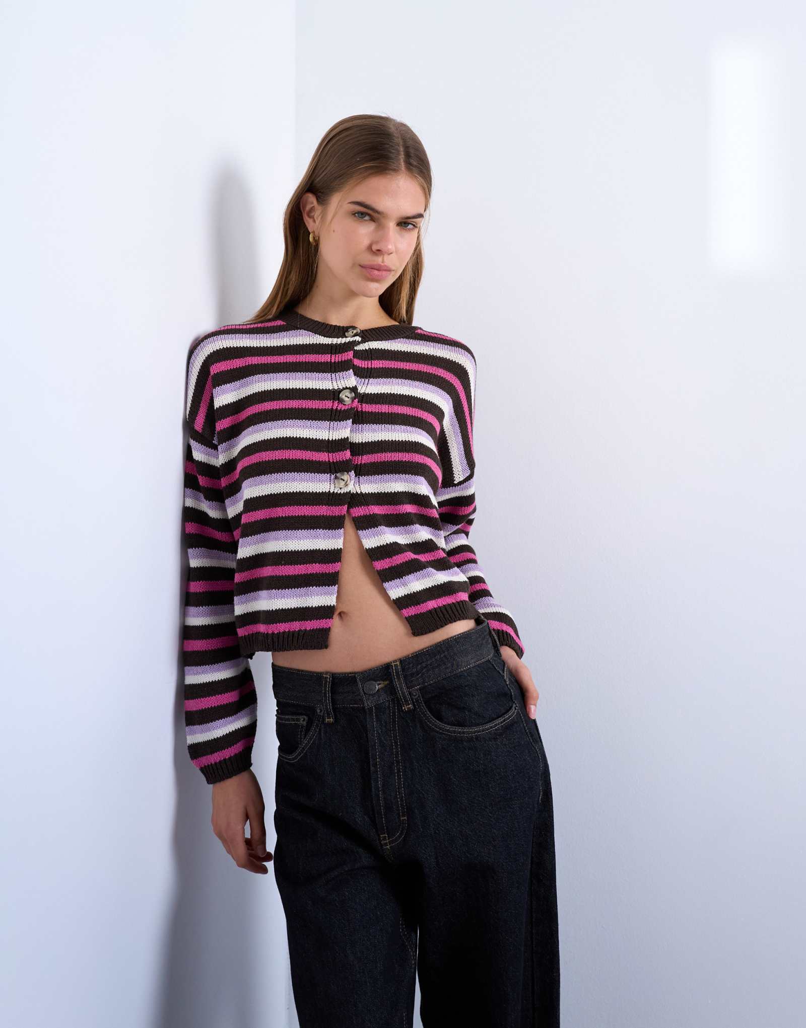 Вязаный кардиган в полоску розового цвета от Topshop